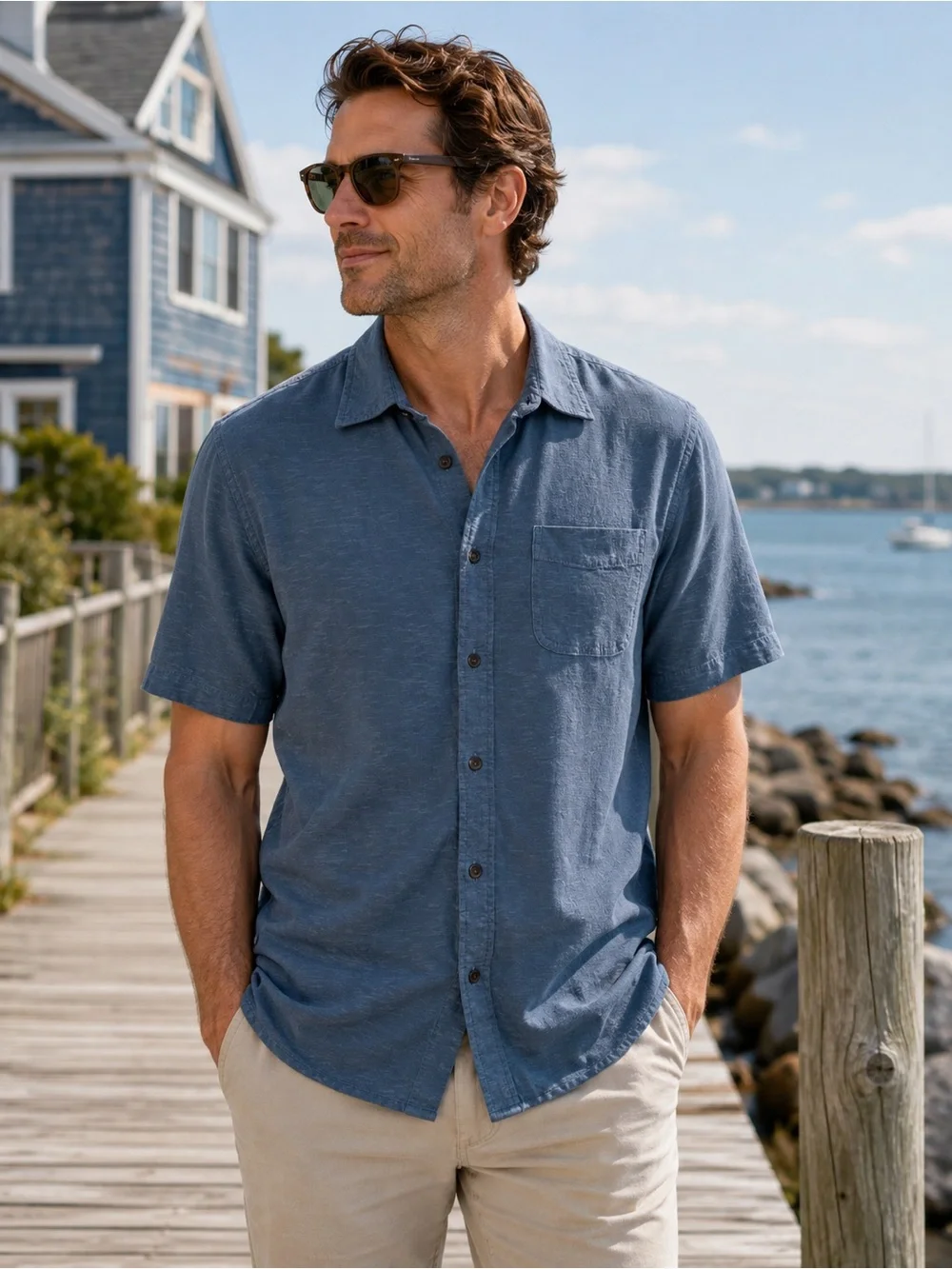J.CREW Blue Slub Cotton Short Sleeve Button Front Camp Shirt Men’s L
